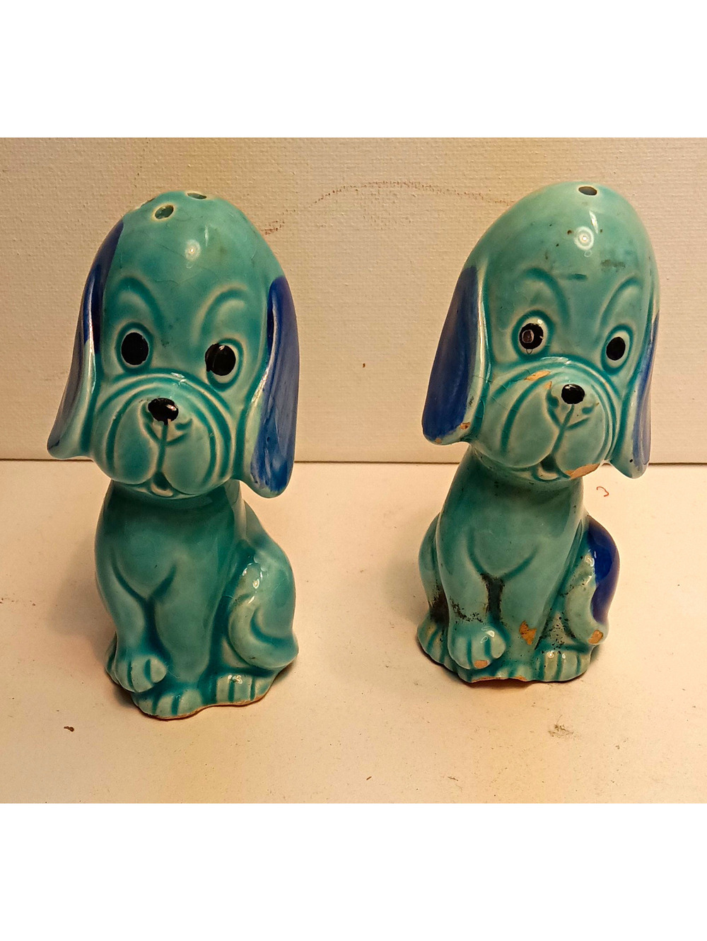 Vintage Blue Ceramic Dog Salt and Pepper Shakers Sad Eye Puppy Japan Kitsch read